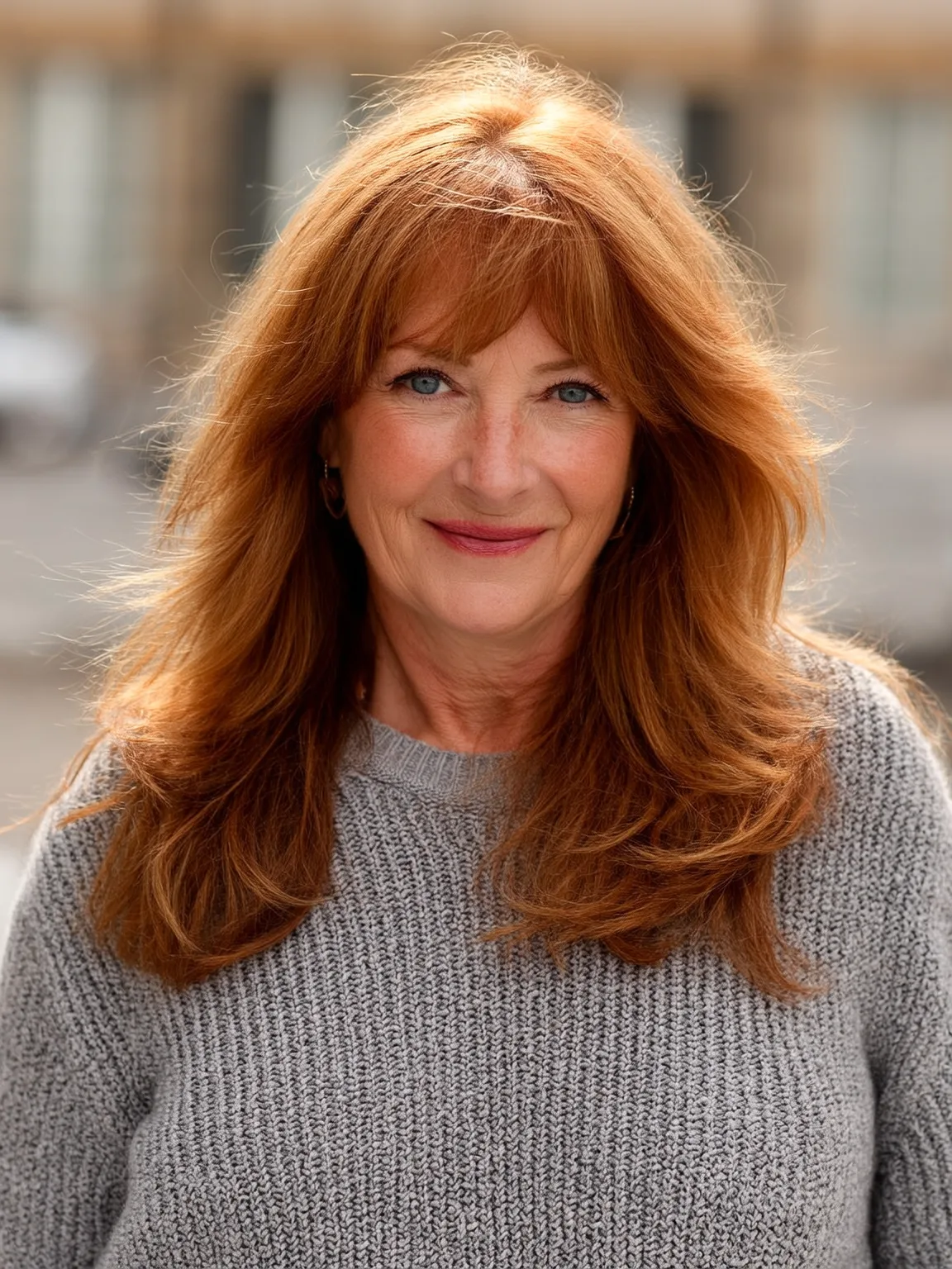 Long Voluminous Copper Brown Layers with Wispy Bangs